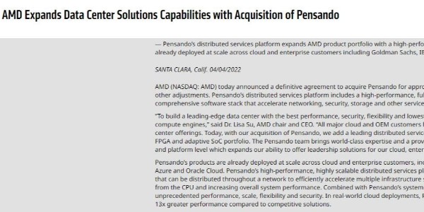 AMD宣布收購云服務提供商PensandoSystems